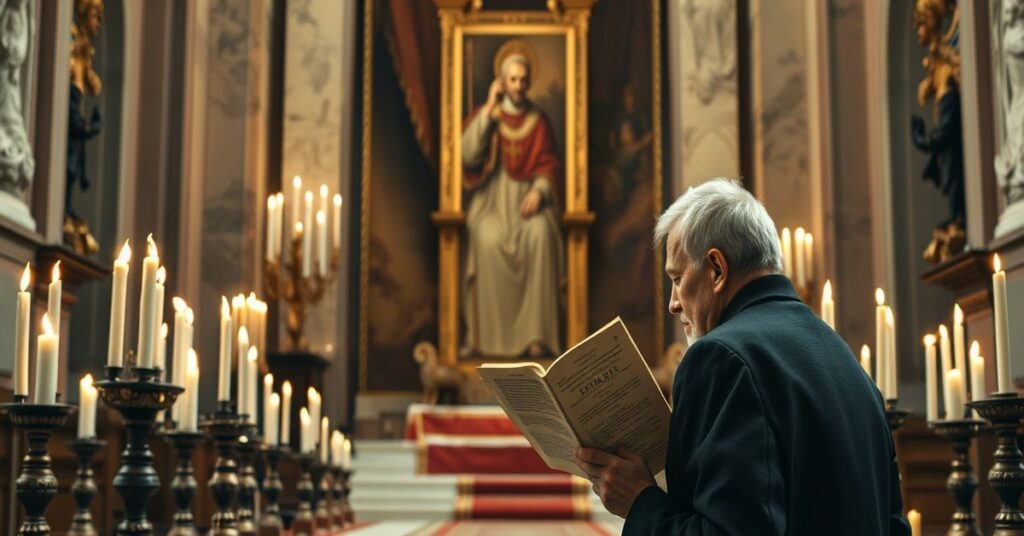 Tradycyjny katolik modli się przed pustym tronem papieskim w Bazylice św. Piotra