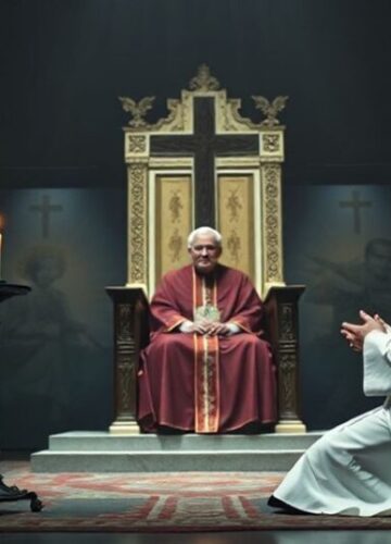 Pusty tron św. Piotra - symbol apostazji i herezji posoborowej Prawdziwy katolicki kapłan modli się przed pustym tronem św. Piotra, symbolizując brak prawowitego papieża podczas farsy watykańskiej z Rycerzami Kolumba i "Leonem XIV"