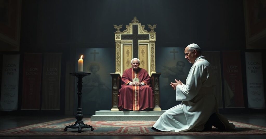 Prawdziwy katolicki kapłan modli się przed pustym tronem św. Piotra, symbolizując brak prawowitego papieża podczas farsy watykańskiej z Rycerzami Kolumba i "Leonem XIV"