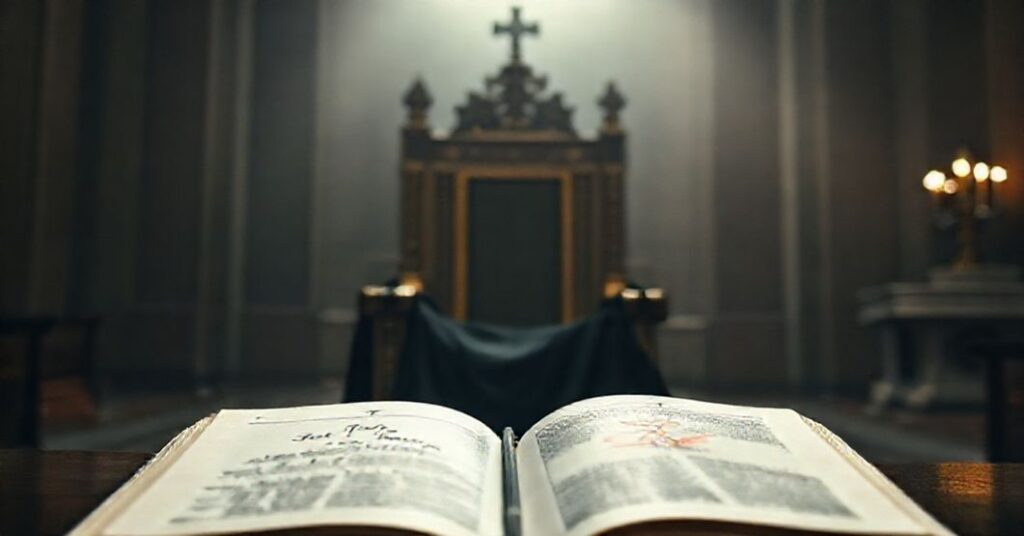 Pusty tron św. Piotra przykryty czarnym welonem, symbolizujący brak prawdziwego papieża. Na przodzie otwarta księga z cytatami z Quas Primas i Etsi Multa oraz uszkodowany druk z algorytmu sztucznej inteligencji z przekreślonym imieniem 'Leon XIV'.