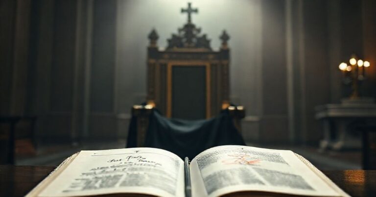 Pusty tron św. Piotra przykryty czarnym welonem, symbolizujący brak prawdziwego papieża. Na przodzie otwarta księga z cytatami z Quas Primas i Etsi Multa oraz uszkodowany druk z algorytmu sztucznej inteligencji z przekreślonym imieniem 'Leon XIV'.