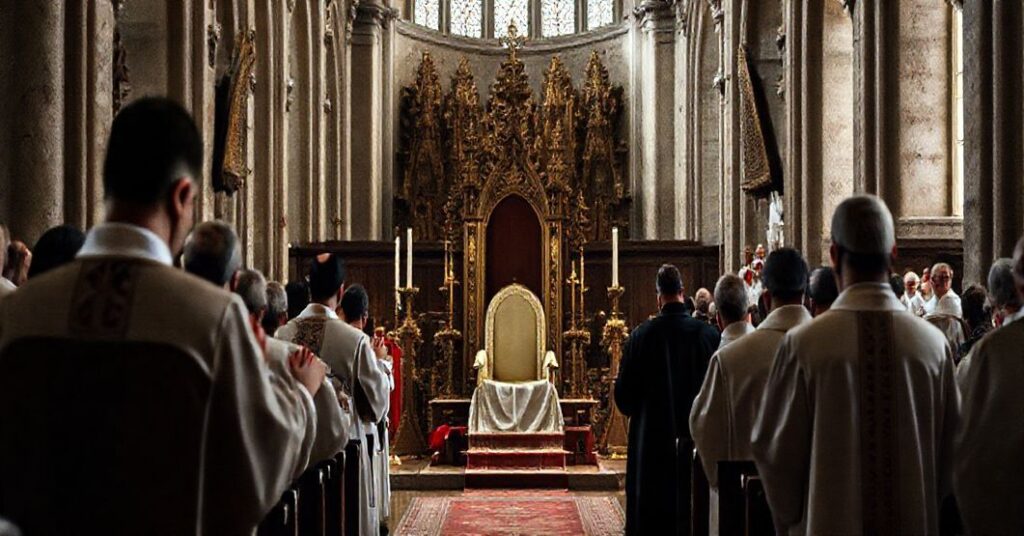Sobór w Poznaniu z pustym tronem św. Piotra symbolizującym sede vacante; tradycyjni księża w modlitwie.