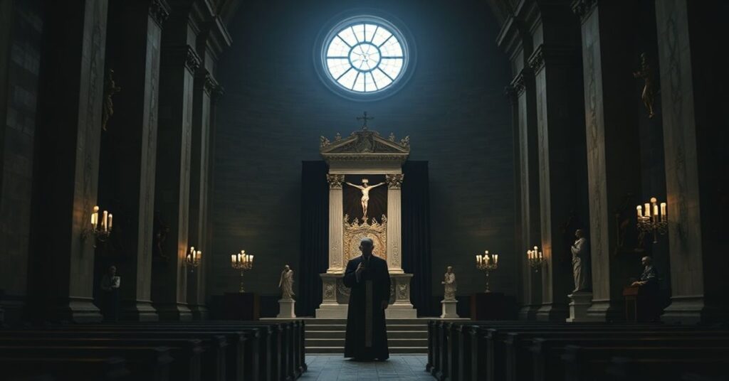 Pusty tron św. Piotra w Watykanie okryty czarnym welonem symbolizującym sedewakancjonizm z widocznym w tle konturowym postacią uzurpatora Leona XIV.