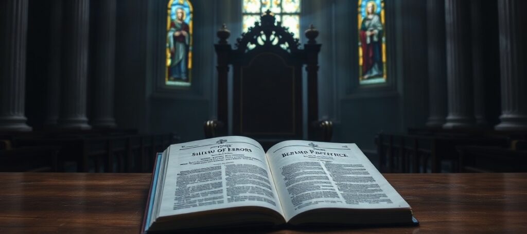 Pusty tron św. Piotra w Watykanie z otwartymi na stole dziełami św. Robert Bellarmina i Piusa IX, symbolizujące puste siedziba papieska z perspektywy sedevakantyzmu.