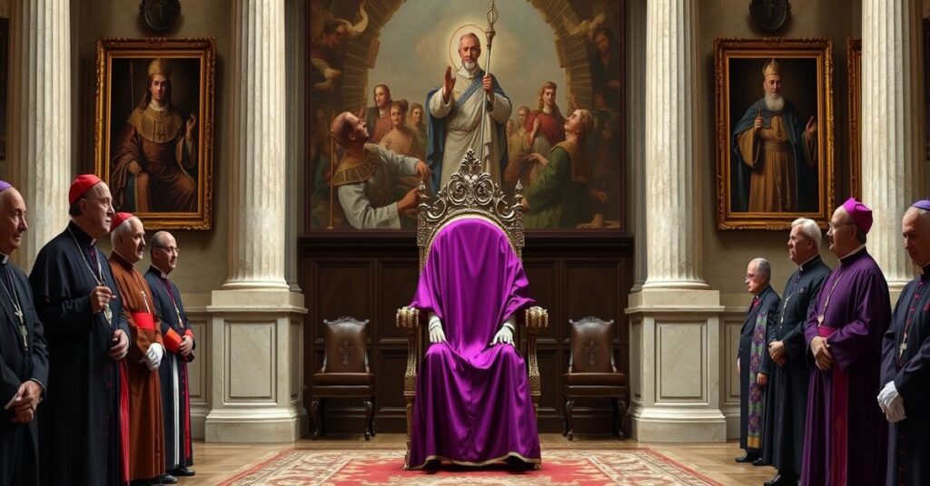 Pusty tron św. Piotra w Watykanie otoczony przez biskupów modernistów i dyplomatów.