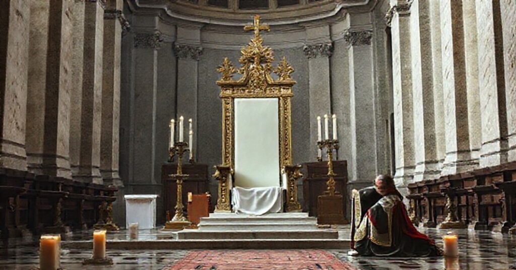 Pusty tron św. Piotra w Bazylice św. Piotra w Rzymie z tradycyjnym ołtarzem i kapłanem modlącym się.