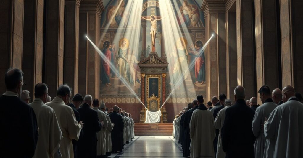 Pusty tron w bazylice św. Piotra z promieniami światła oświetlającymi puste miejsce, symbolizujące Sede Vacante. Katoliccy pielgrzymi w tradycyjnych szatach modlą się w uroczyście ustawionej scenie.