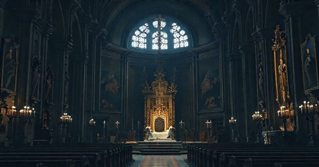 Wnętrze katedry Chrystusa Króla w Katowicach podczas nielegalnego ingresu pseudobiskupa. Pusty tron symbolizuje brak prawdziwej władzy kościelnej w czasie sede vacante.