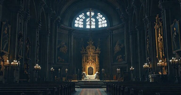 Wnętrze katedry Chrystusa Króla w Katowicach podczas nielegalnego ingresu pseudobiskupa. Pusty tron symbolizuje brak prawdziwej władzy kościelnej w czasie sede vacante.