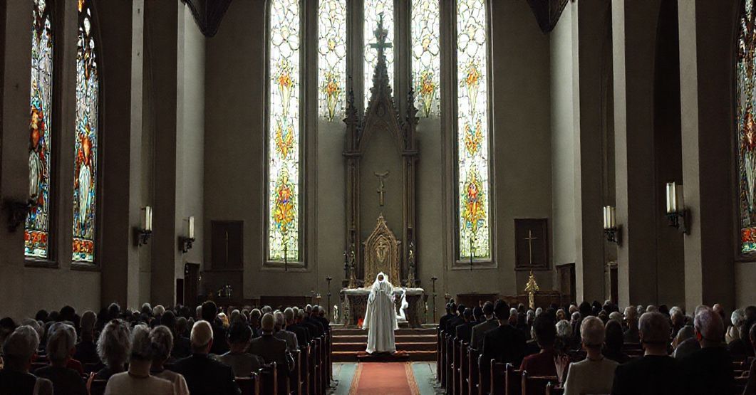 Wnętrze katolickiego kościoła z pustym tronem przy ołtarzu, symbolizującym brak prawdziwej władzy.