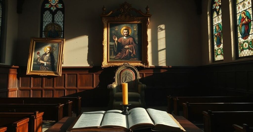 Pusty tron w tradycyjnym kościele katolickim symbolizujący brak prawdziwych pasterzy