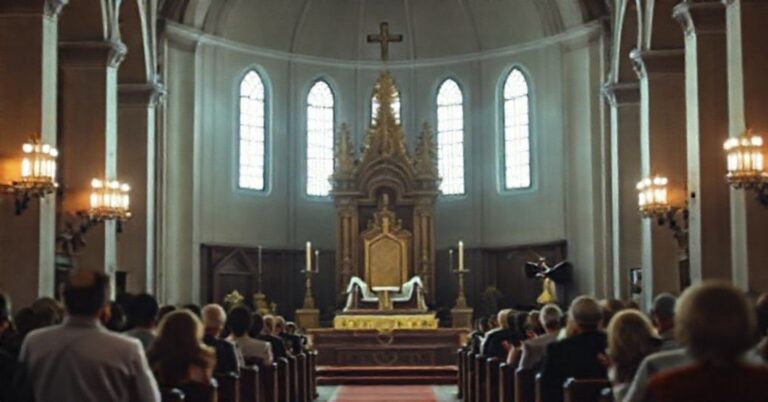 Wnętrze tradycyjnego kościoła katolickiego z pustym tronem symbolizującym opuszczoną stolice; wierni w modlitwie; w tle niewyraźna grupa osób w trakcie muzycznego wystąpienia.