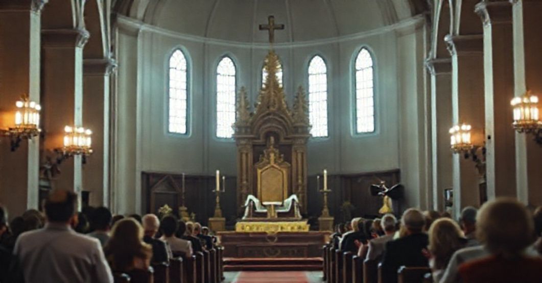 Wnętrze tradycyjnego kościoła katolickiego z pustym tronem symbolizującym opuszczoną stolice; wierni w modlitwie; w tle niewyraźna grupa osób w trakcie muzycznego wystąpienia.
