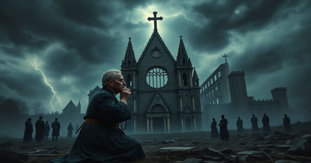 Cmentarz z ruinami katedry katolickiej, księż w modlitwie z różańcem w ręku na tle burzliwego nieba