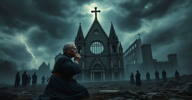Cmentarz z ruinami katedry katolickiej, księż w modlitwie z różańcem w ręku na tle burzliwego nieba