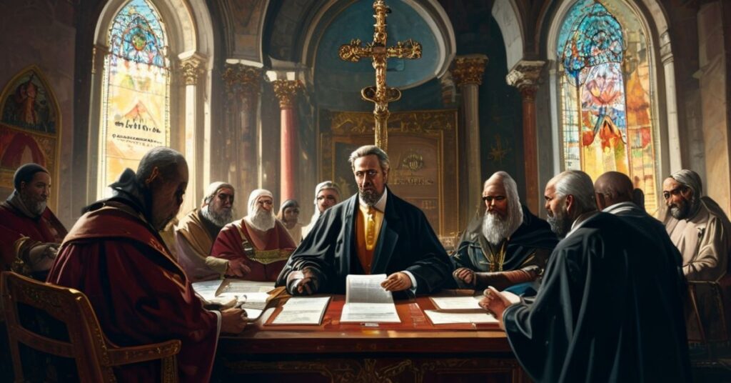 Wizerunek rady pokoju Donalda Trumpa z przywódcami państw i symbolami religijnymi na tle katolickiej architektury