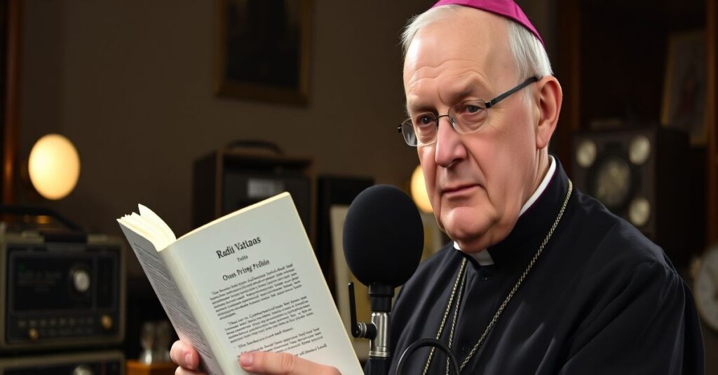 Ksiądz w tradycyjnym Ornaty przed mikrofonem Radia Watykańskiego trzymający encyklikę Piusa XI Quas Primas