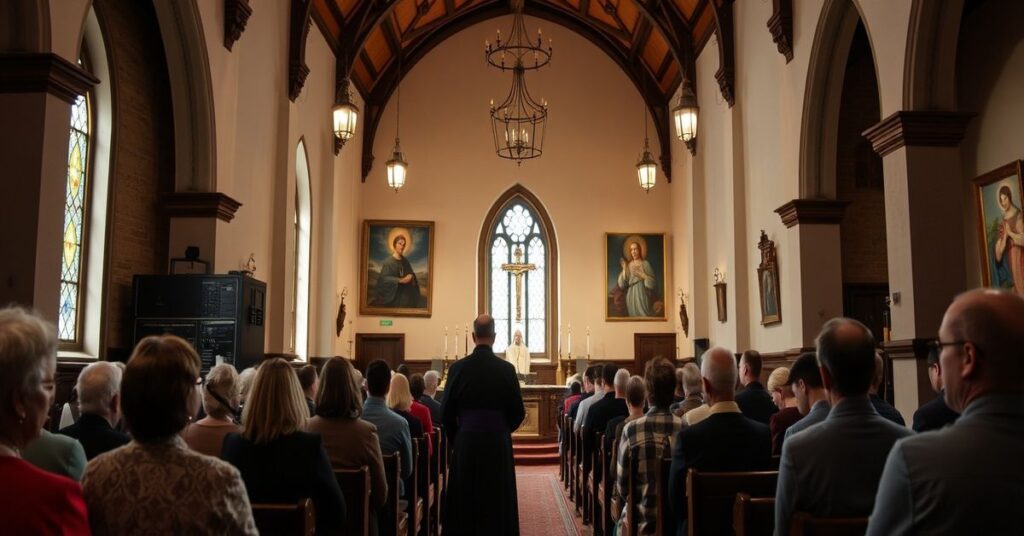 Wnętrze tradycyjnego kościoła katolickiego z dawną stacją radiową Radio Jasna Góra. Na pierwszym planie widoczny jest kapłan w tradycyjnym ornacie i wierni słuchający audycji. Scena podkreśla kontrast między prawdziwą katolicką doktryną a współczesnymi trendami humanistycznymi.