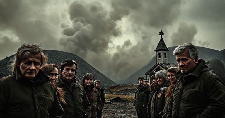 Scena w Radlinie pokazująca zachwyconych mieszkańców w pobliżu zanieczyszczonej hałdy kopalni Marcel z gęstymi chmurami pyłu na tle. Twarze ludzi wyrażają obawę i rozpacz.