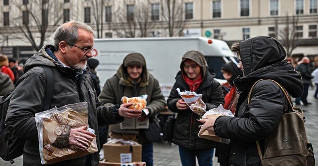Scena przedstawiająca Radomską Caritas wydającą pomoc materialną bezdomnym bez odniesienia do zbawienia duchowego