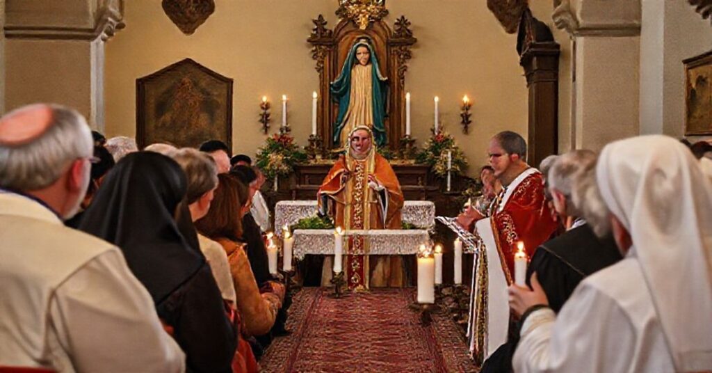 Pielgrzymi w Radomiu podczas dni skupienia dla nowych członków Rycerstwa Niepokalanej pod przewodnictwem kontrowersyjnego 'ojca' Ryszarda Żubera OFMConv.