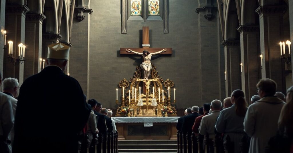 Tradycyjny katolicki krzyż w katedrze w Radomiu podczas inscenizacji Wielkiego Piątku z modernistycznym 'biskupem' Marek Solarczyk.