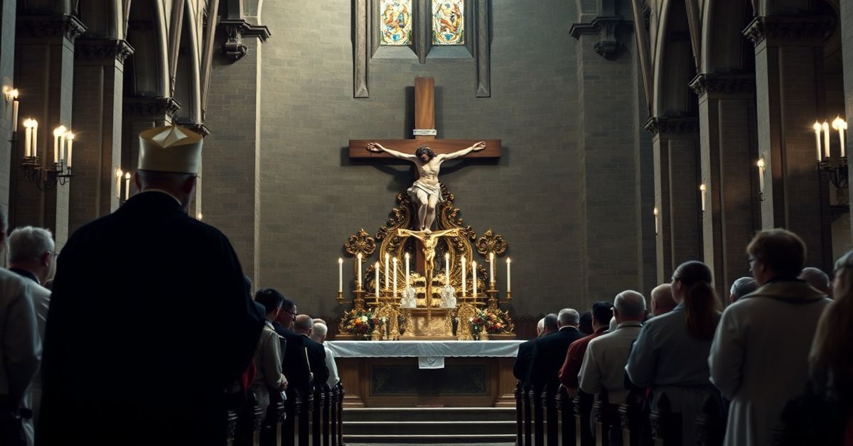 Tradycyjny katolicki krzyż w katedrze w Radomiu podczas inscenizacji Wielkiego Piątku z modernistycznym 'biskupem' Marek Solarczyk.
