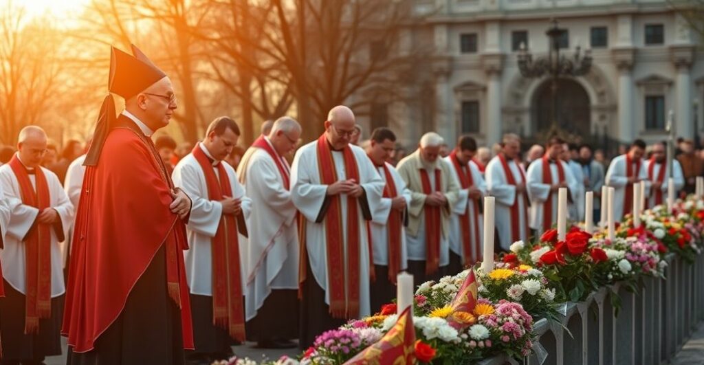 Szczegółowe, realistyczne zdjęcie katolickiego nabożeństwa w Radomiu, z kapłanami i wiernymi podczas pamięci ofiar, w duchu tradycyjnej katolickiej pobożności