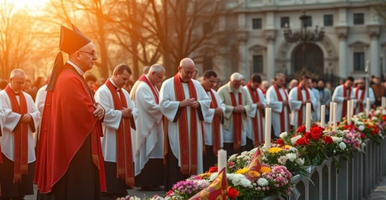 Szczegółowe, realistyczne zdjęcie katolickiego nabożeństwa w Radomiu, z kapłanami i wiernymi podczas pamięci ofiar, w duchu tradycyjnej katolickiej pobożności