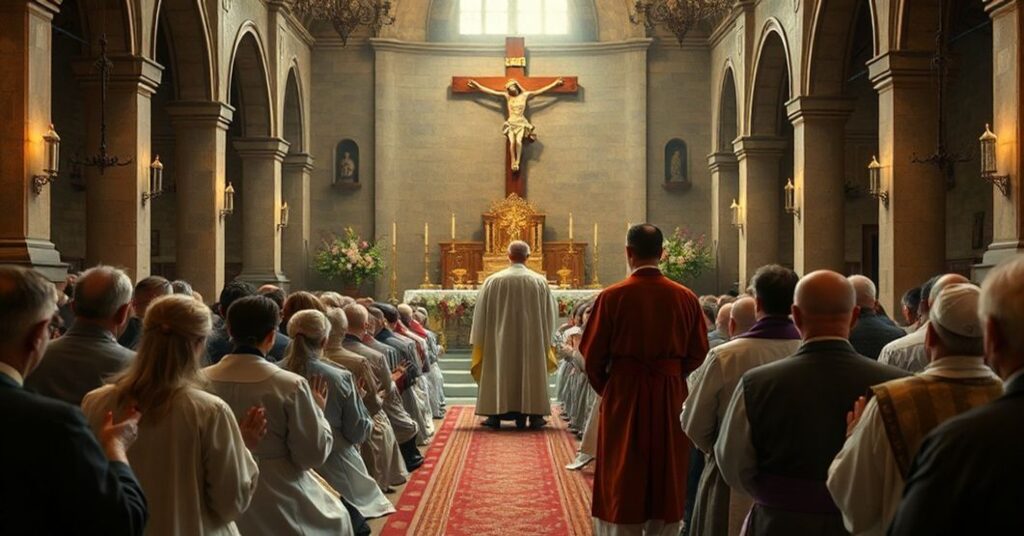 Grupa modląca się w tradycyjnym kościele w Radomiu za powołaniami przeżywającymi kryzys powołań.