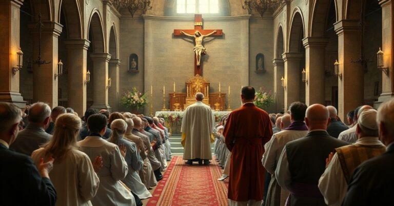 Grupa modląca się w tradycyjnym kościele w Radomiu za powołaniami przeżywającymi kryzys powołań.