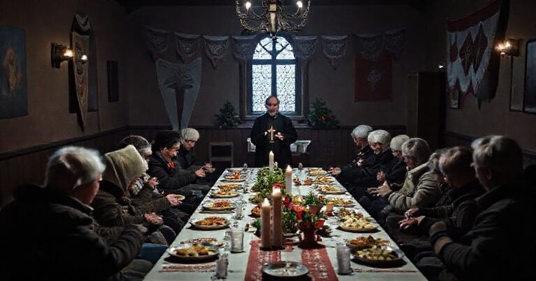 Pusty stół wigilijny bez symboli religijnych w "parafii" św. Brata Alberta w Radomiu