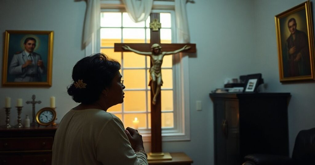 Pani Raquel Pacheco modli się przed krzyżem w swoim domu w Miami Beach podczas wizyty policji