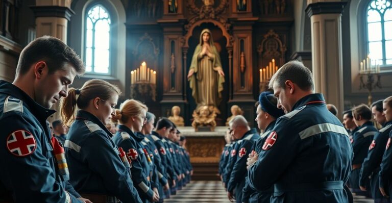 Grupa ratowników medycznych w modlitwie przed figurą Matki Boskiej Jasnogórskiej w tradycyjnym kościelnym wnętrzu