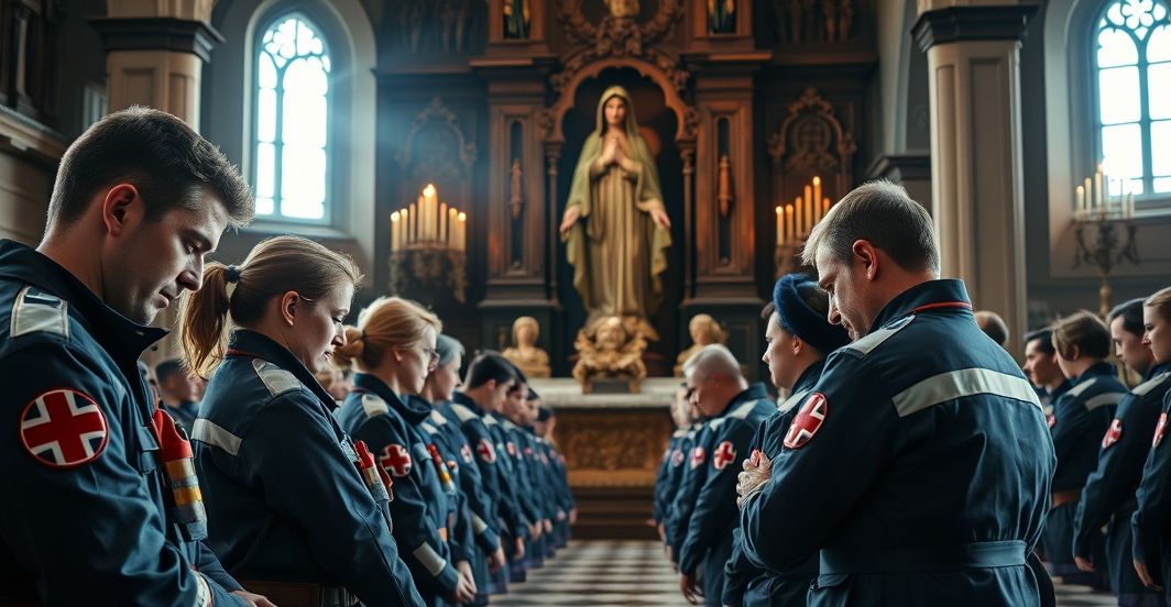 Grupa ratowników medycznych w modlitwie przed figurą Matki Boskiej Jasnogórskiej w tradycyjnym kościelnym wnętrzu