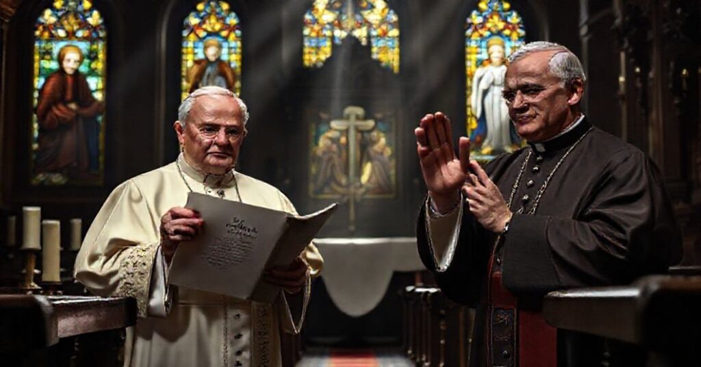 Wnętrze kaplicy katolickiej z postaciami Josepha Ratzingera i abp. Georga Gänsweina w dyskusji na tle przedmiotów sakralnych z epoki przed Soborem Watykańskim II