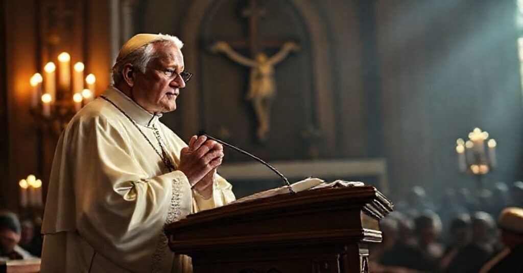 Joseph Ratzinger (Benedykt XVI) wygłaszający homilię w tradycyjnym katoliczym otoczeniu z krzyżem i świecami w tle.