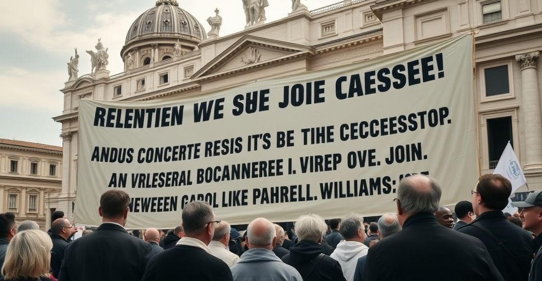 Fotografia realistycznego zgromadzenia katolików przed bazyliką Watykańską z transparentem potępiającym skandaliczny koncert i promowanie herezji