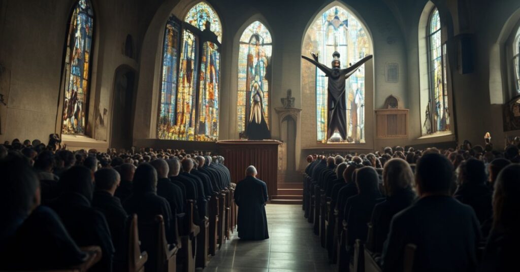 Wnętrze tradycyjnego kościoła katolickiego po strzelaninie w szkole w Minneapolis. 'Biskup' Andrew Cozzens głosi modernistyczną kasatę, podczas gdy rodzina modli się przed krzyżem.