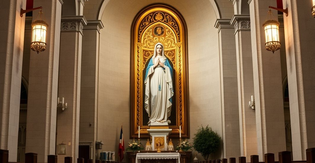 Rewersyjne, realistyczne zdjęcie katolickiego wnętrza z obrazem Matki Bożej, ukazujące tradycyjną pobożność i powagę, podkreślając krytykę instrumentalizacji sacrum w polityce