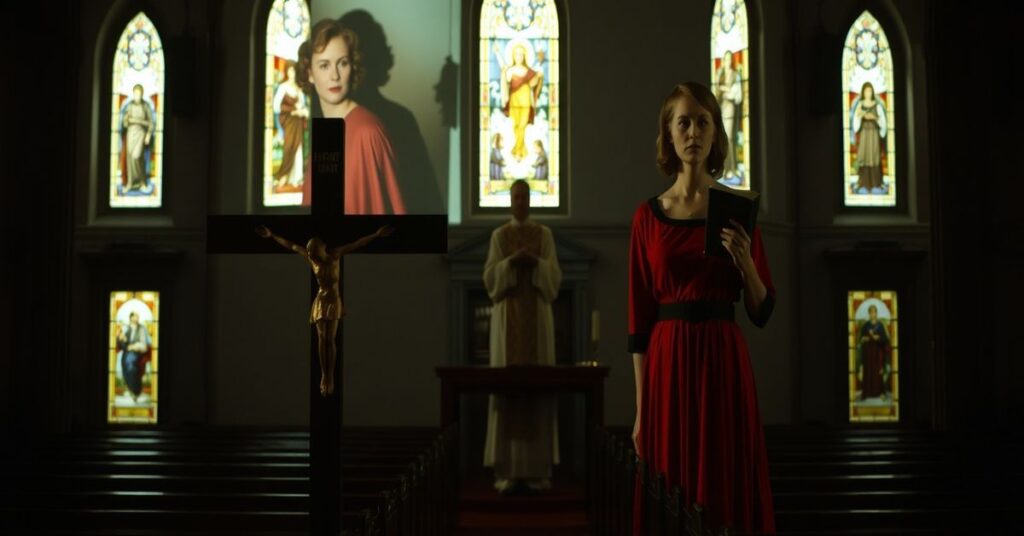 Wnętrze kościoła katolickiego z krucyfiksem na pierwszym planie i projekcją Ellen Olenskiej w czerwonym sukience i czarnej ozdobie, symbolizującą jej bunt przeciwko prawu bożemu.