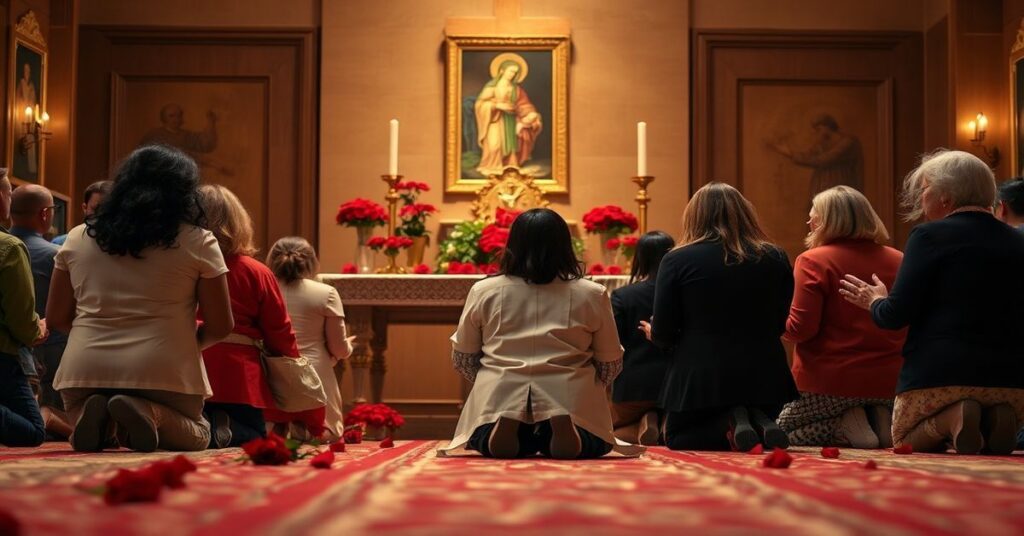 Grupa katolickich aktywistów 'Red Rose Rescuers' modli się przed tradycyjnym ołtarzem z czerwonymi różami i wizerunkiem Świętej Rodziny przeciwko aborcji