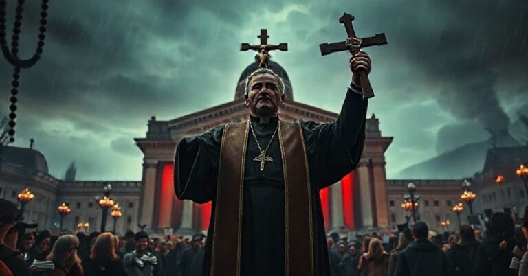 Pokorny ksiądz katolicki trzymający krzyż przed czerwono oświetlonym parlamentem w Wiedniu podczas "Red Week", otoczony modlącymi się wiernymi i symbolami wiary.