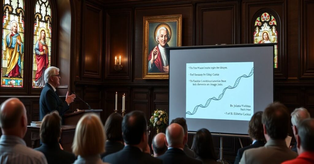 Zdjęcie przedstawiając tradycyjne katolickie wykład na temat redukcjonizmu biologicznego w pallotyńskim Centrum Dialogu w Paryżu. Na sali widoczna jest wykładowczyni przy katedrze z prezentacją genetyczną.