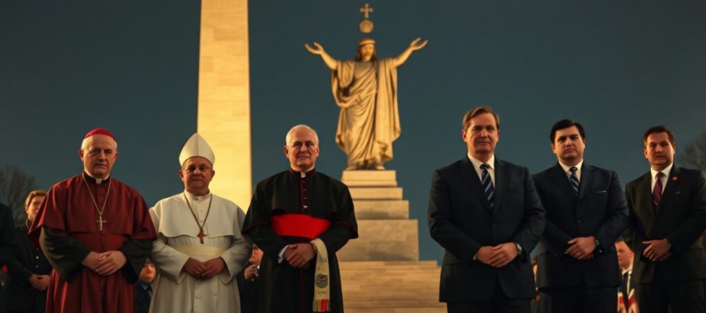 Uroczyste zdjęcie z narodowego dziedzińca w Waszyngtonie podczas ekumenicznego wydarzenia 'Rededicate 250' w 2026 roku. Na zdjęciu widnieją rzekomy kardynał Timothy Dolan i rzekomy biskup Robert Barron w tradycyjnych habitach kościelnych oraz politycy JD Vance, Marco Rubio i Mike Johnson.