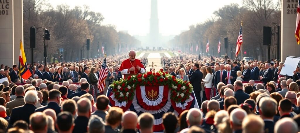Obraz przedstawiający ekumeniczne wydarzenie 'Rededicate 250' na National Mall w Waszyngtonie z udziałem 'kardynała' Timothy Dolana i 'biskupa' Roberta Barrona.