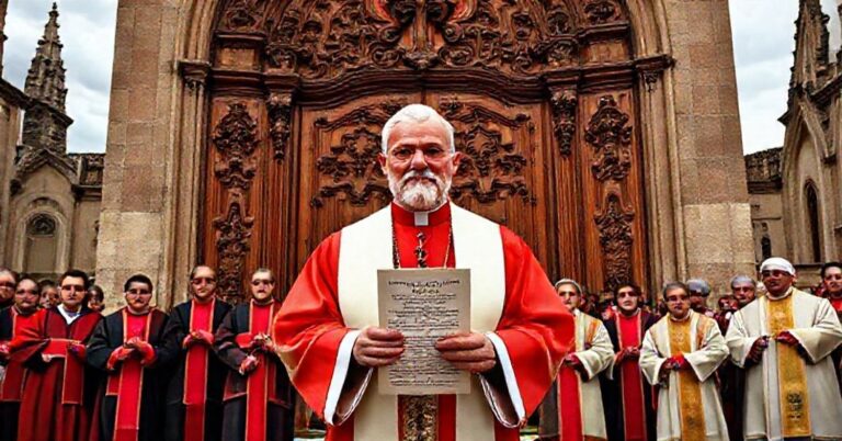 Tradycyjny ksiądz z redemptorystami przed zamkniętymi drzwiami kościoła symbolizuje opór wobec synodalnej apostazji.