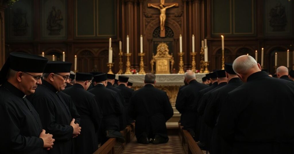 Grupa tradycyjnych redemptorystów modlących się przed trydenckim ołtarzem w atmosferze głębokiego żalu i pokuty.