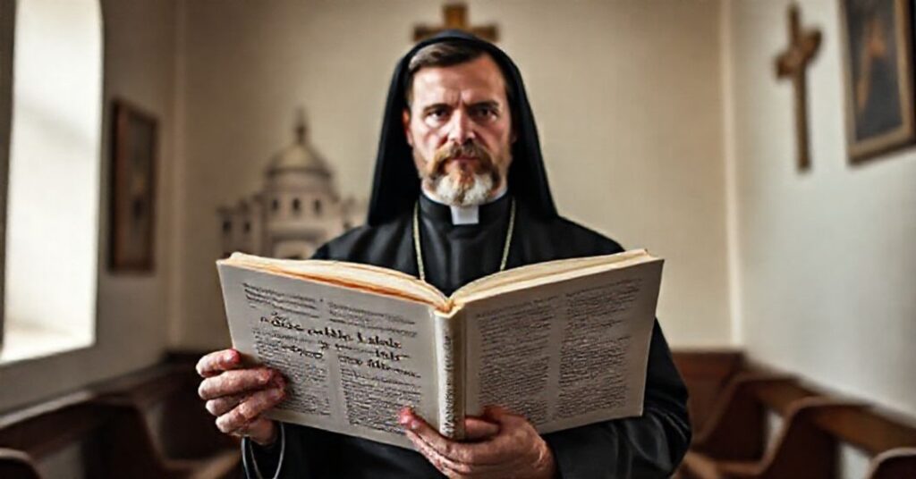 Prawdopodobnie tradycyjny ksiądz Redemptorysta trzymający Biblię w kaplicy, ukazująca konflikt między tradycyjną wiarą a nowożytnymi zmianami w Kościele.