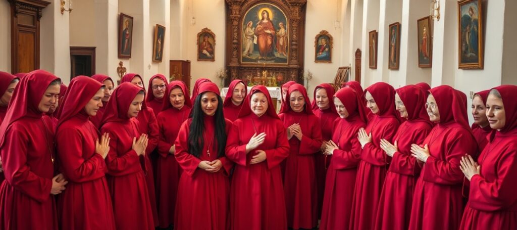 Grupa trzydziestu redemptorystek w tradycyjnych habitach czerwonych modli się w kaplicy w Tuchowie